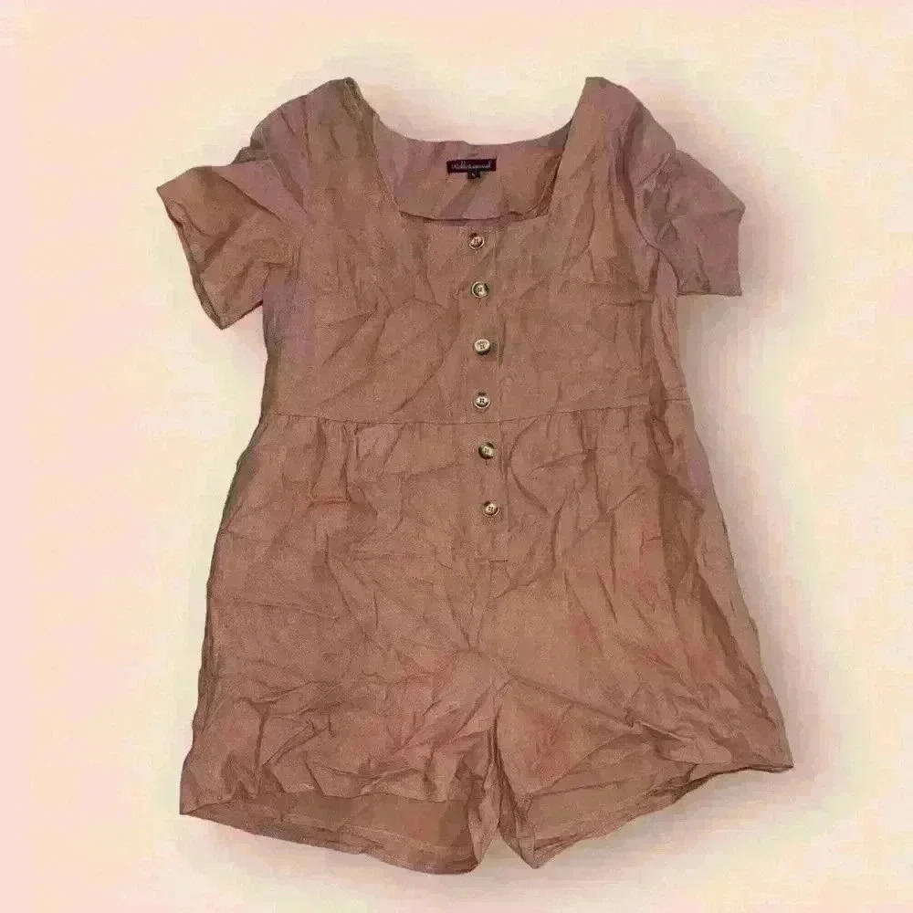 Wishlist Apparel Linen Blend Romper V-Neck Button Front Pockets Women's Size L